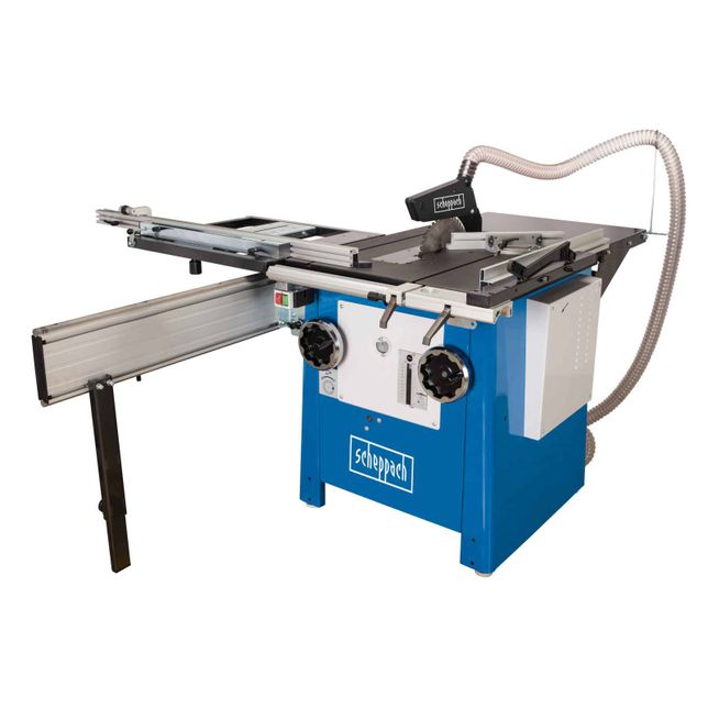 Professional table saw by Scheppach with dust extraction and adjustable guides.